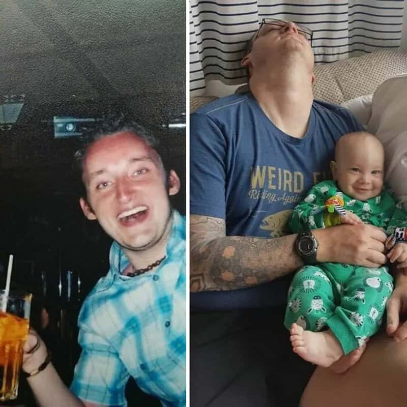 Two photos of men with children, one smiling with a drink, the other with a child on his lap.