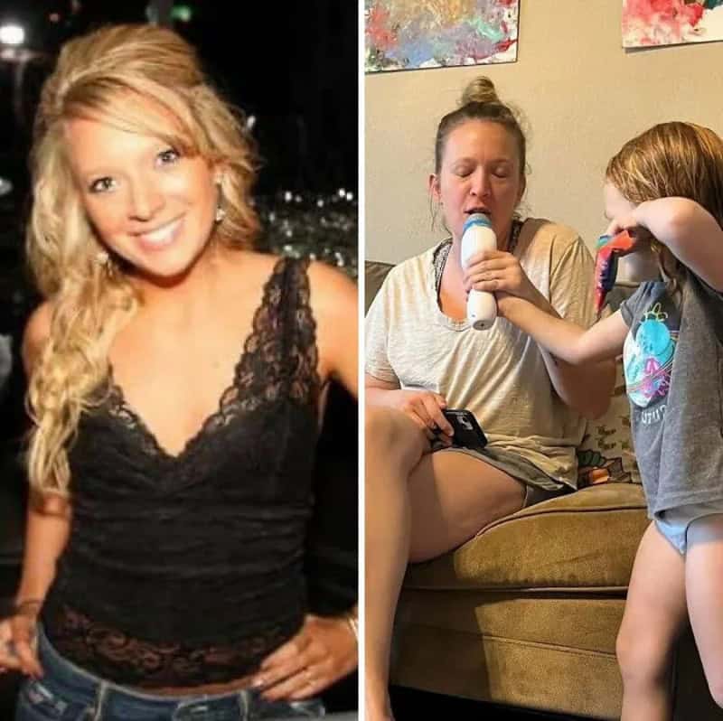 Side-by-side photos of a woman and a child, one smiling and the other with a thermometer.