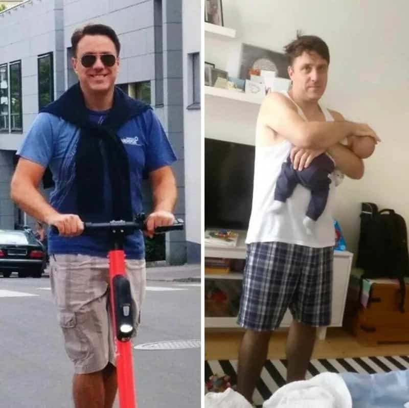 Man with a scooter and a man holding a baby, both in casual clothes.