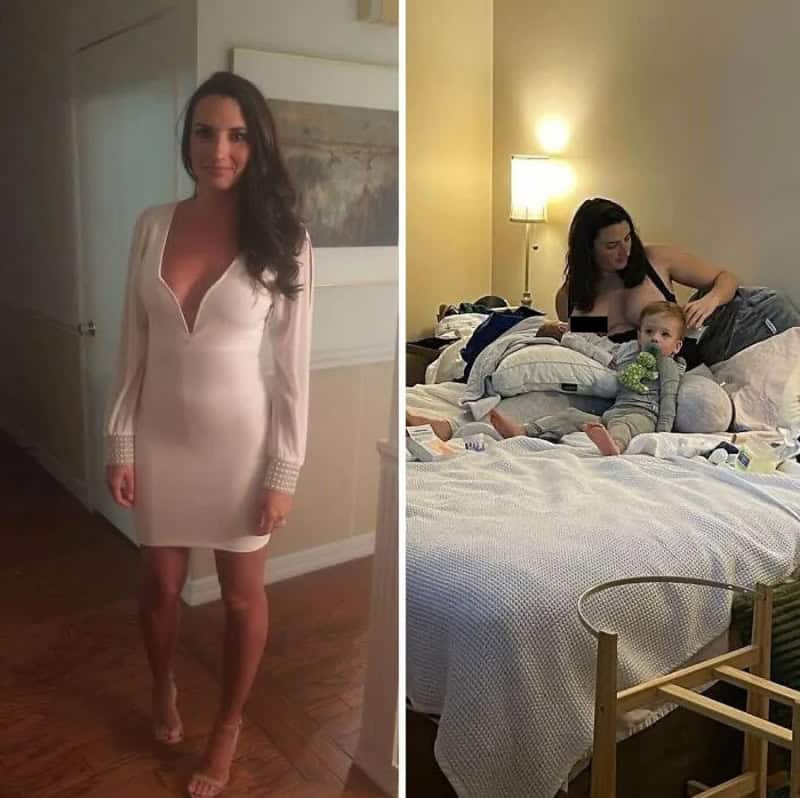 Woman in white dress standing, woman and toddler on bed with pillows and lamp.