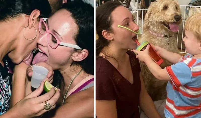 People and a dog with a straw in their mouths, playful interaction, fun atmosphere.