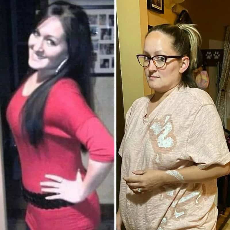 Side-by-side photos of two women, one in a red dress, the other in a beige shirt.