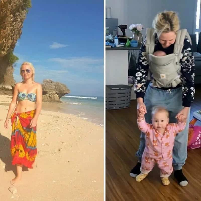 Woman at the beach with a colorful sarong and sunglasses, and a woman with a baby in a carrier and a.