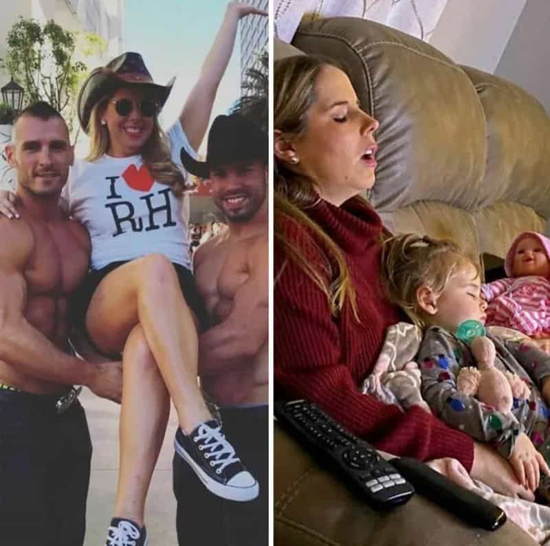 People holding a girl in a hat and sunglasses, and a woman with sleeping children on a couch.