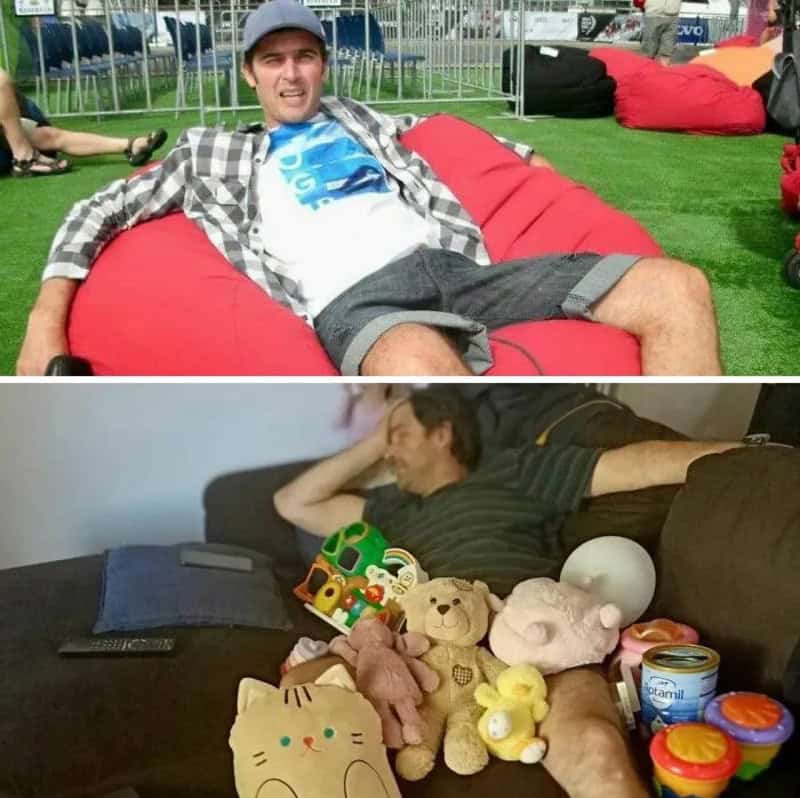 Two men appear to be 'toddlered' in humorous settings, one on a bean bag and the other surrounded by.