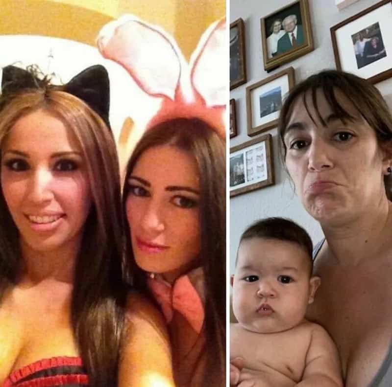 Two women, one with bunny ears, and a woman with a baby, all making funny faces.