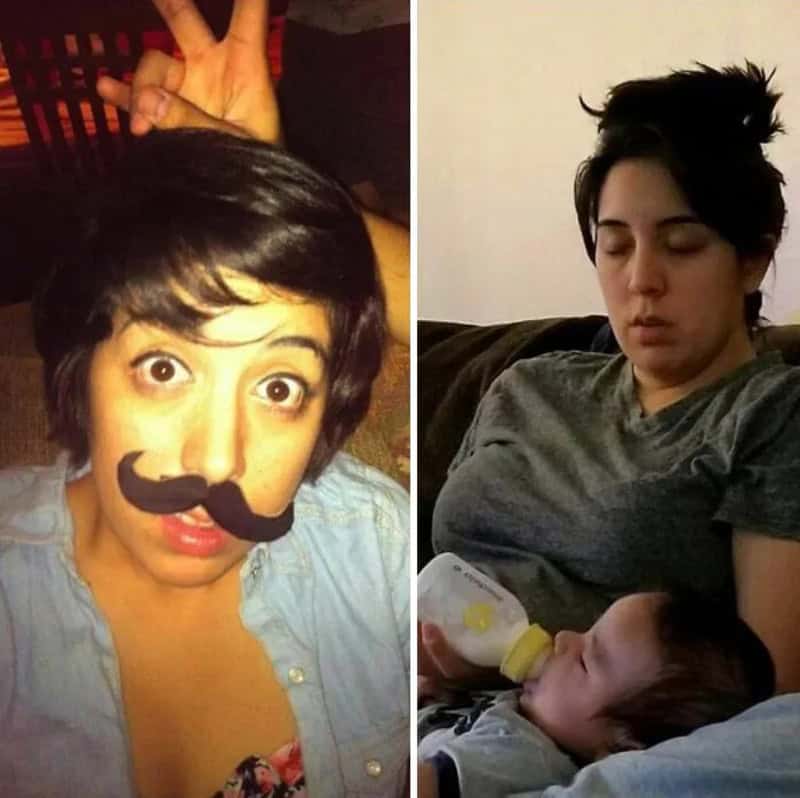 Person with a fake mustache making a funny face, and a woman with a child sleeping.