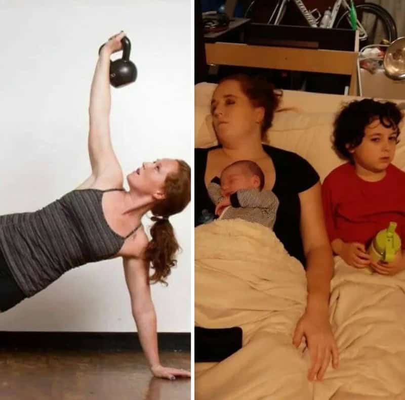 Woman doing a side plank with a kettlebell, kids resting on bed.