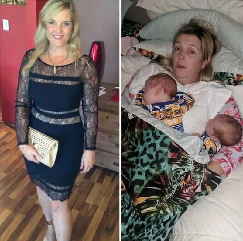 Before and after: woman dressed elegantly, then exhausted with two babies.