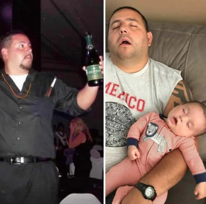 Man holding a beer bottle with a woman in the background, split with a man sleeping with a baby.
