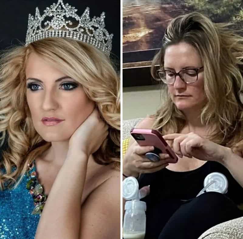 Side-by-side photos of women, one wearing a crown and the other using a phone.
