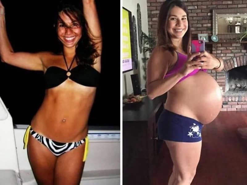 Two women, one in a bikini, smiling in front of mirrors.