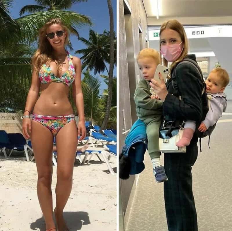 Girl in bikini at beach and woman with two kids at airport.