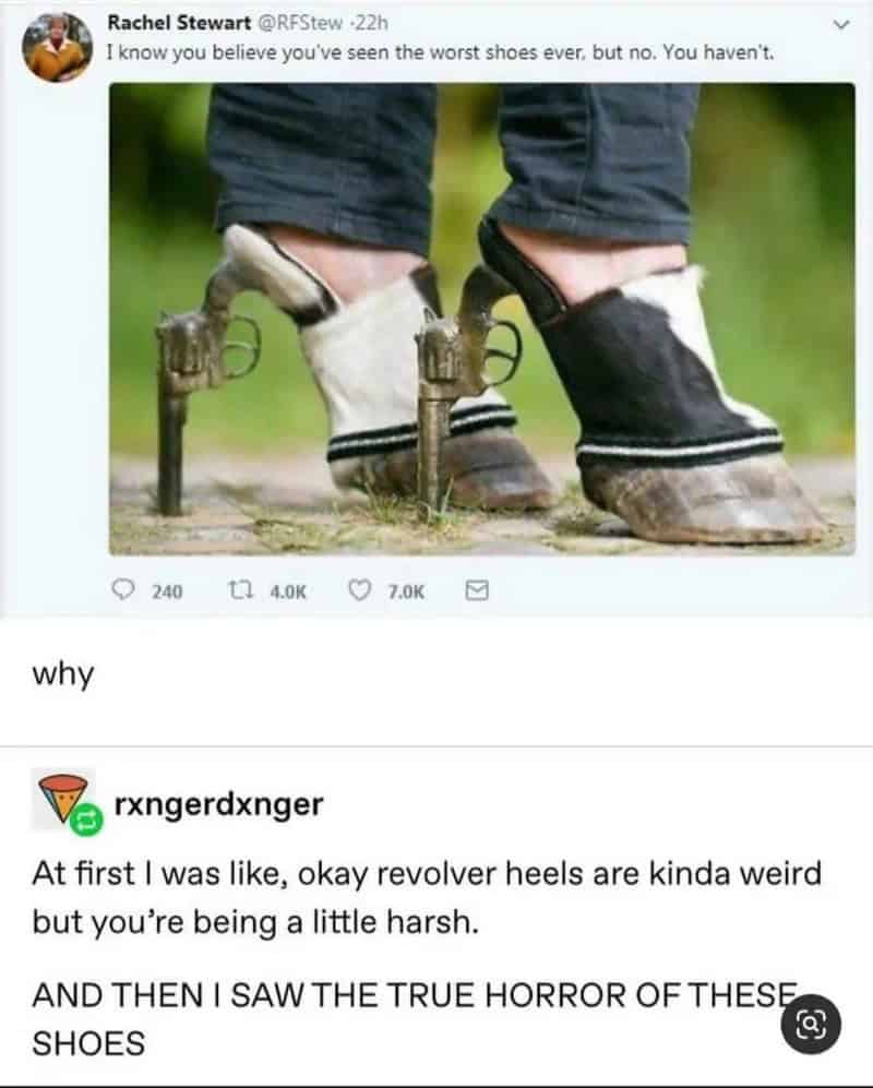 Photo of a person wearing mismatched shoes with revolver handles attached to the heels.