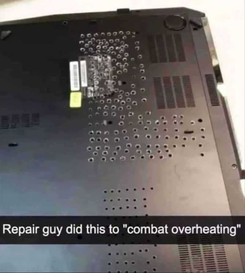 Laptop with damaged cooling system and a repair note about combat overheating.