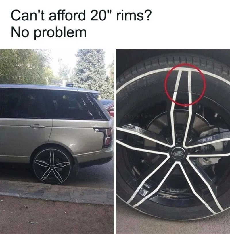 Car with a wheel that looks like a 20-inch rim, with the caption about affordable rims.