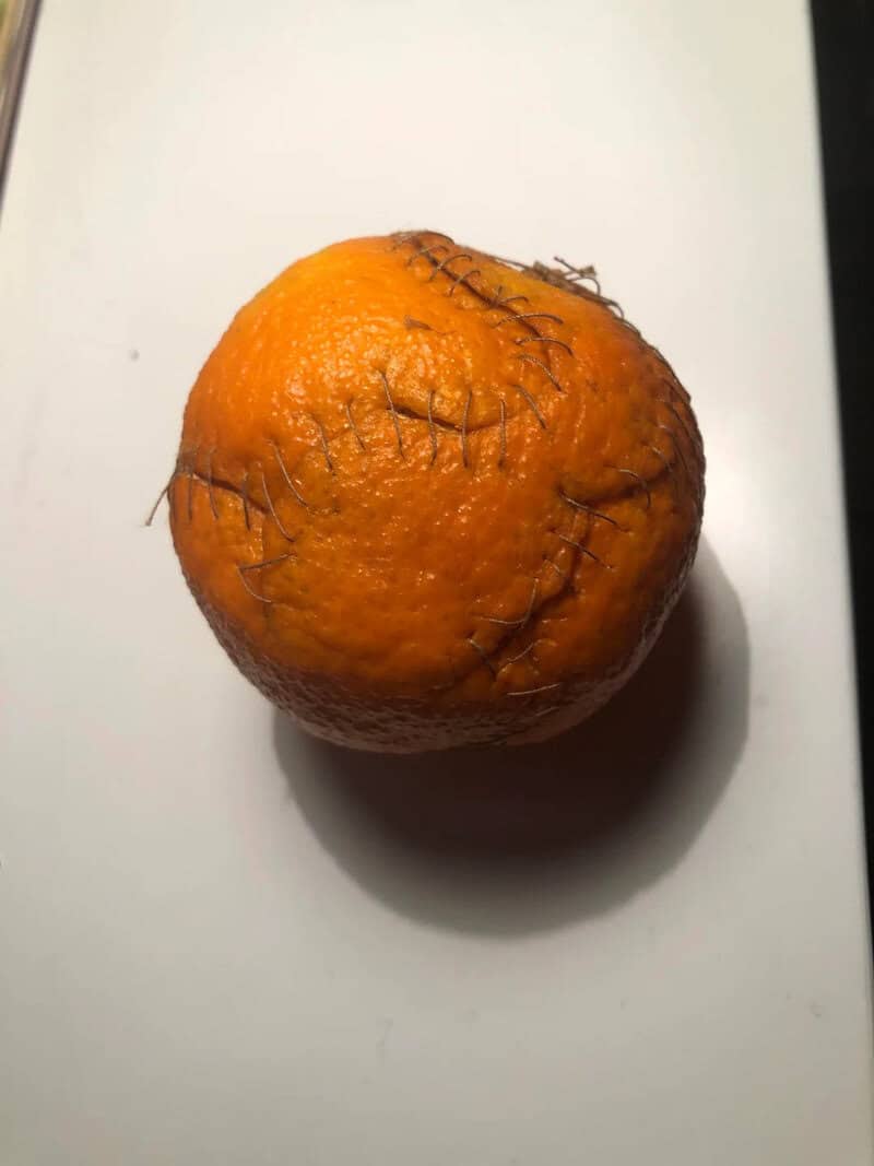 Orange fruit with stitches and scars, resembling a stitched wound.