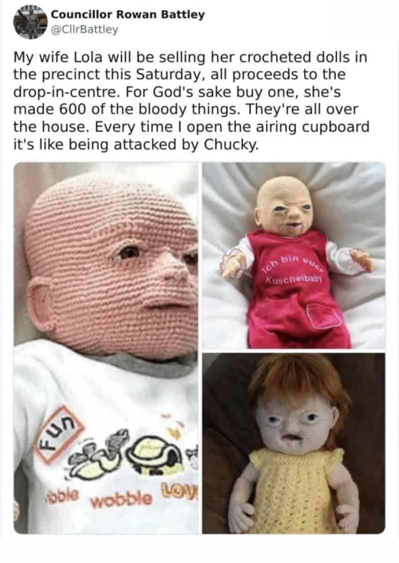 Three crocheted dolls, one with a baby face, one with a child's face, and one with a baby's face.
