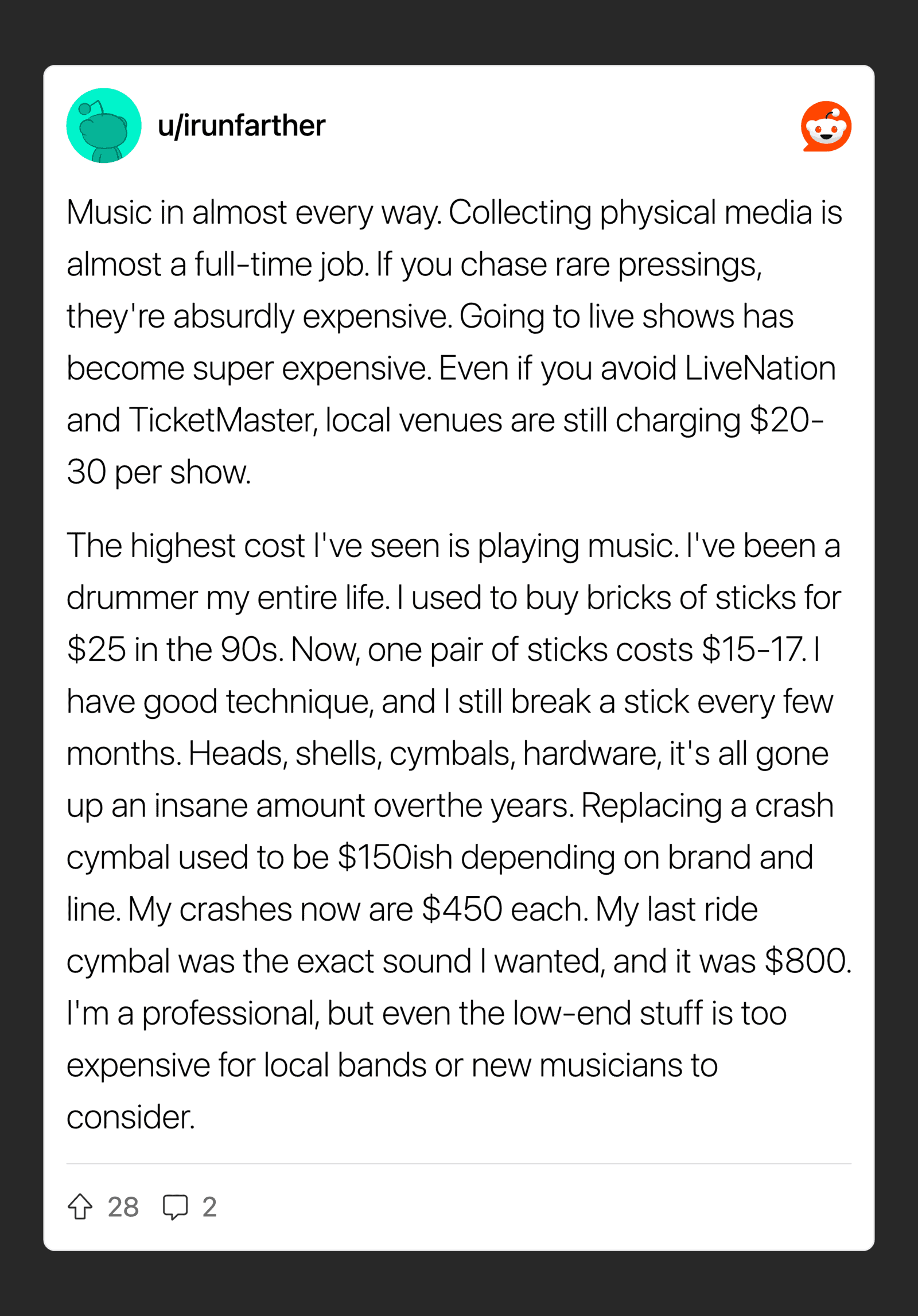 Discussion on the high costs of collecting music media and live performances.
