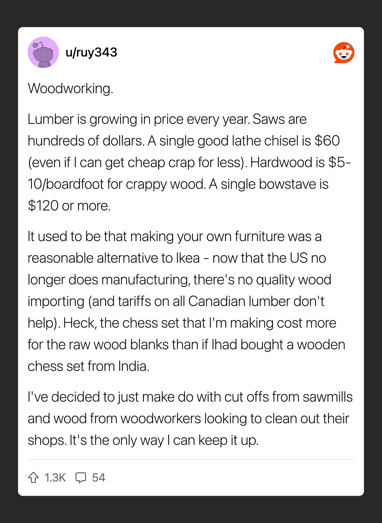 Lumber costs, saws, chisel, hardwood, bowstave, furniture, Canadian lumber, woodwork, I.