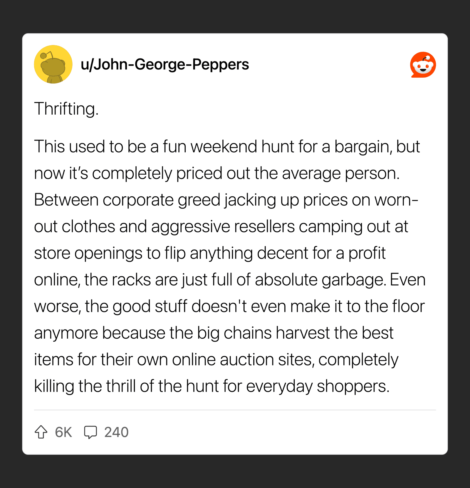 Reddit post about thrifting and the high costs of hobbies.