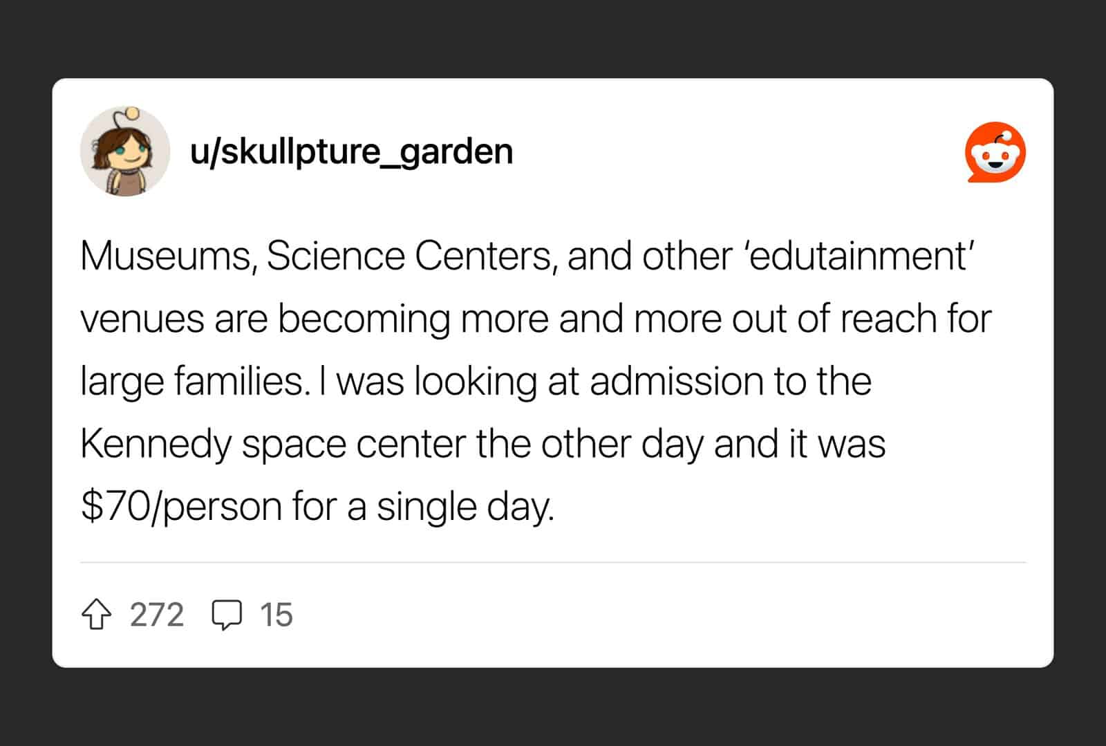 Screenshot of a Reddit post about museum admission costs.