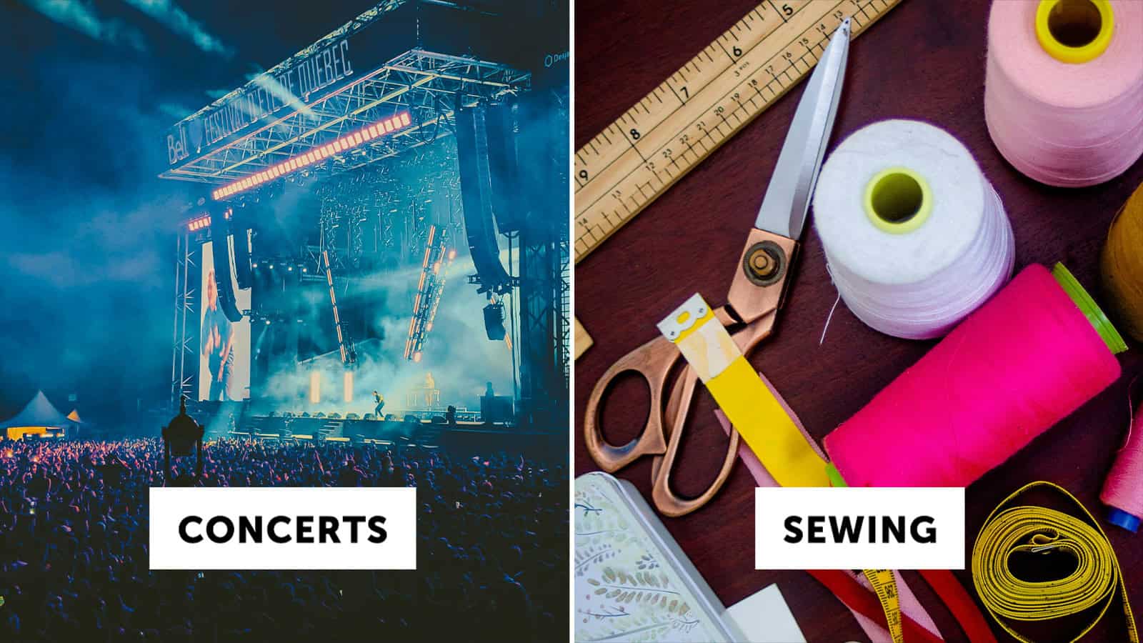 Concert stage with lights and audience, sewing supplies including scissors and thread.