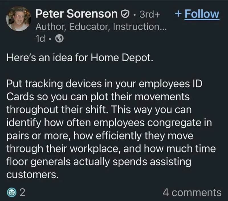 Home Depot employees tracking devices on ID cards for shift monitoring.
