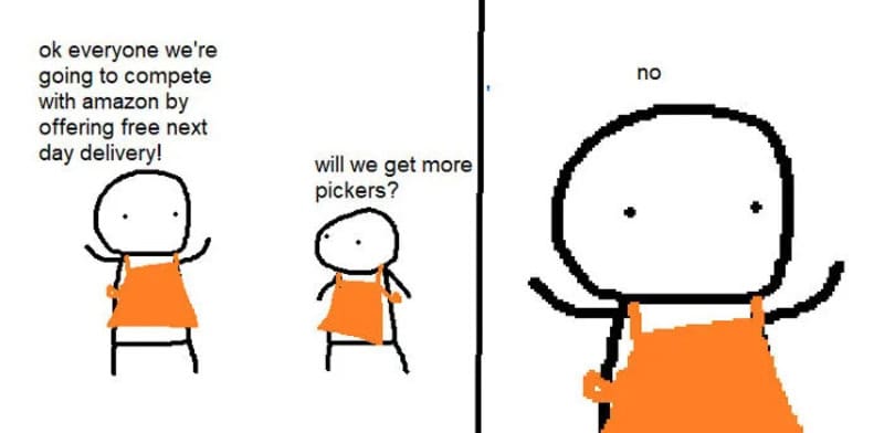 Cartoon characters discussing competition and delivery at home depot.