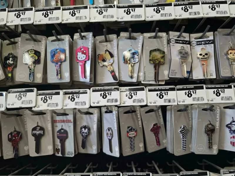 Assorted keychains with character and skull designs hanging on a store rack.