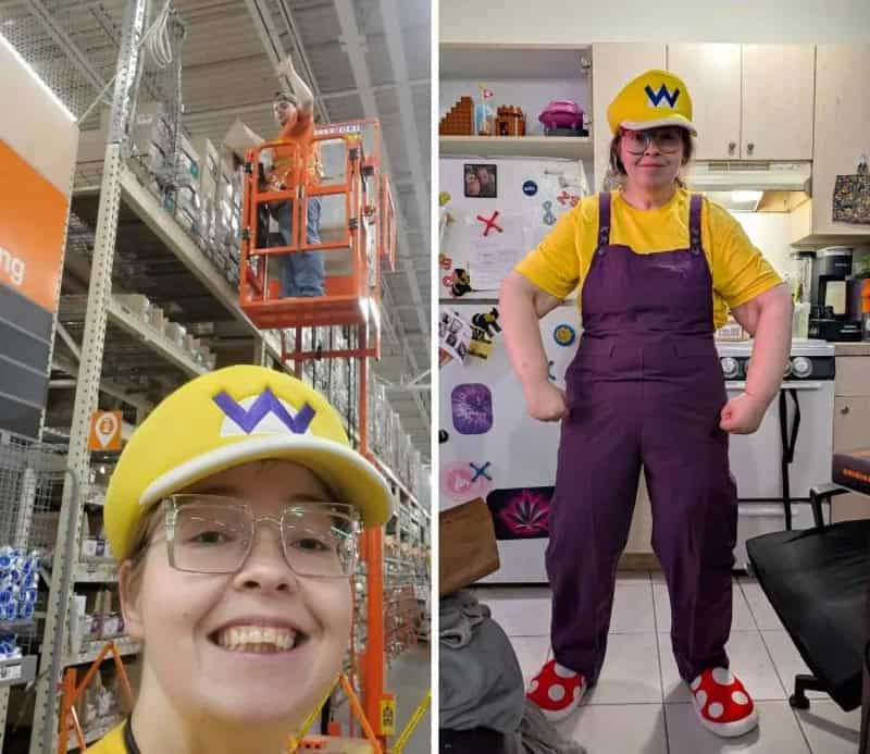 Woman in yellow W hat, purple overalls, red and white slippers, smiling in home depot.