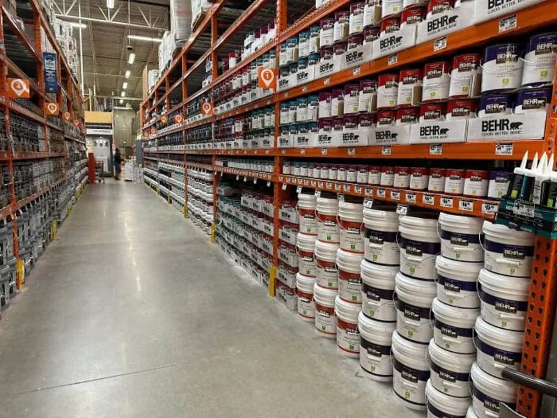 Aisle in a home improvement store with shelves of paint cans and supplies.