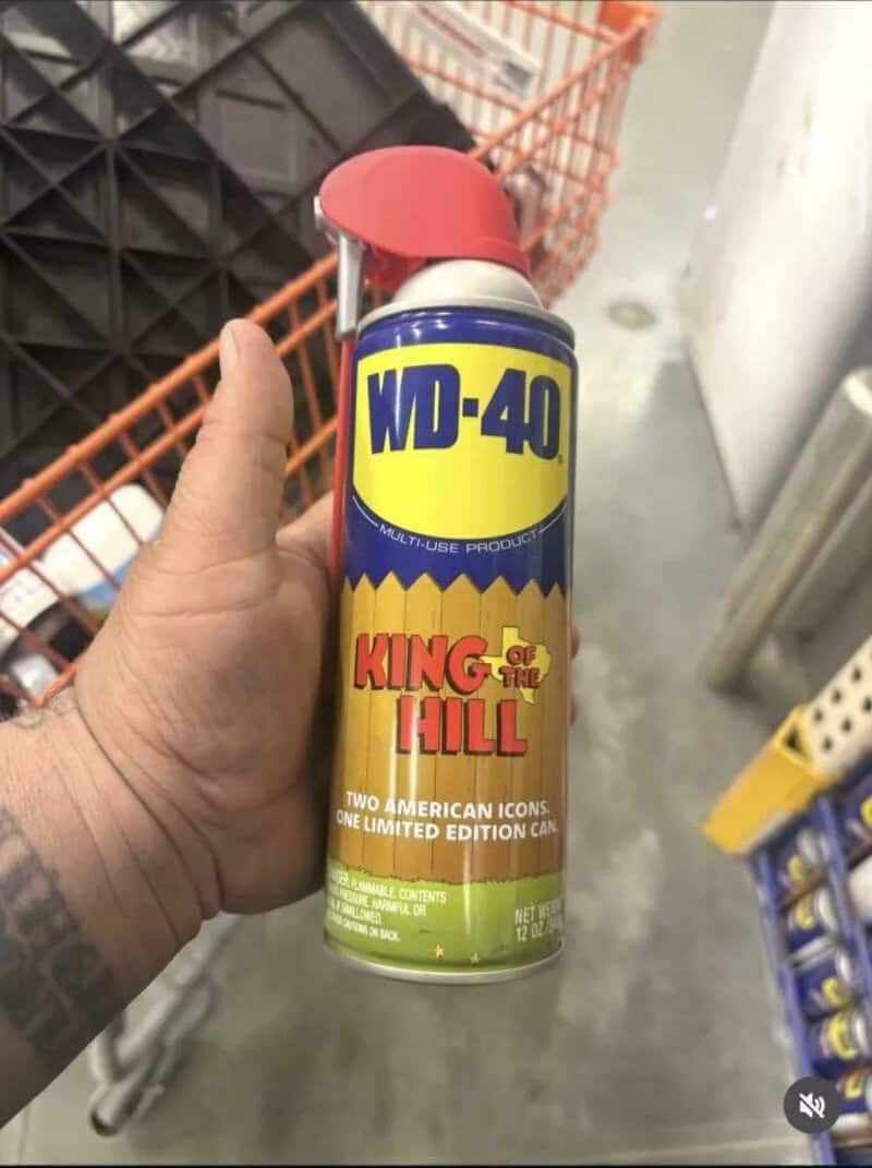 WD-40 spray can with King of the Lill label in a store aisle.