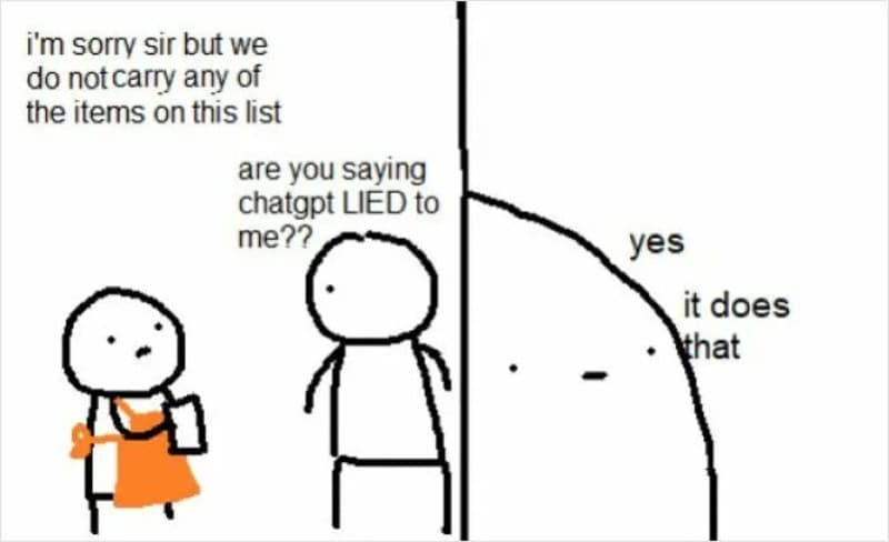 Cartoon of a cashier refusing to carry items, customer asks if AI is lying, AI confirms.