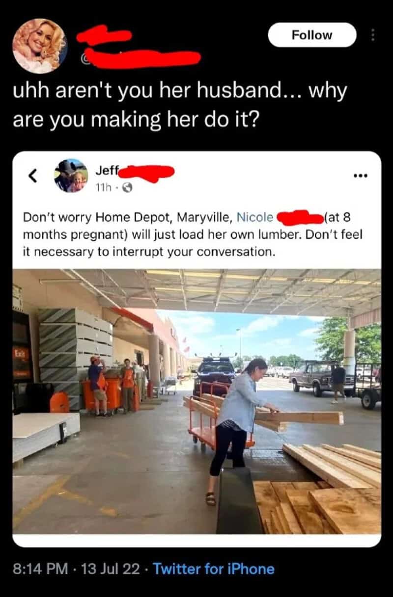 Woman working at Home Depot with lumber, with a humorous caption about her husband.
