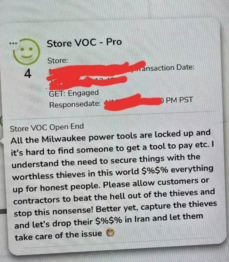 Store VOC - Pro receipt with store info, date, and message about Milwaukee power tools theft.