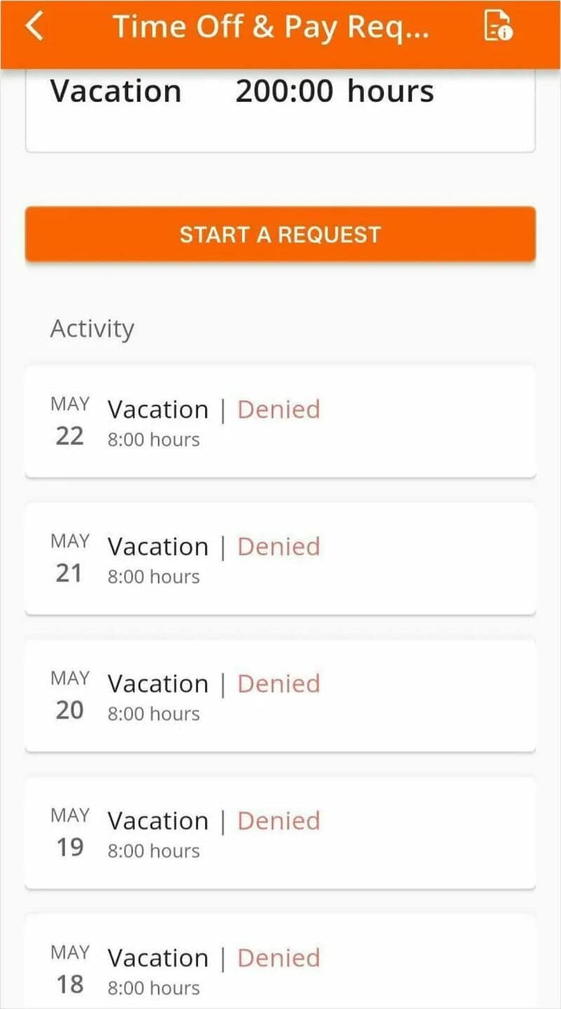 Vacation time off request page showing denied requests for May 19-22.