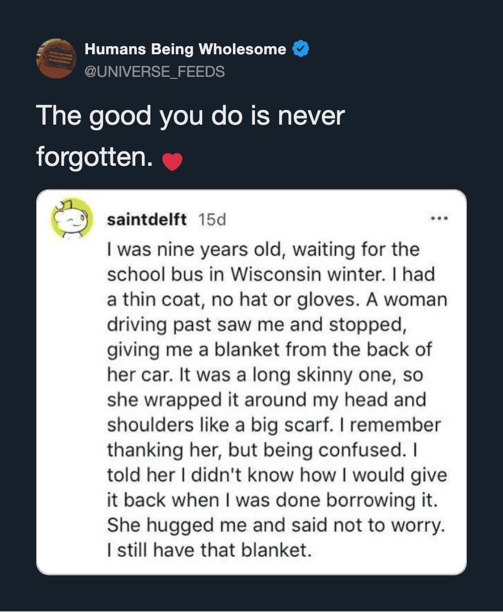 Humans Being Wholesome tweet about a girl giving a blanket to a boy.