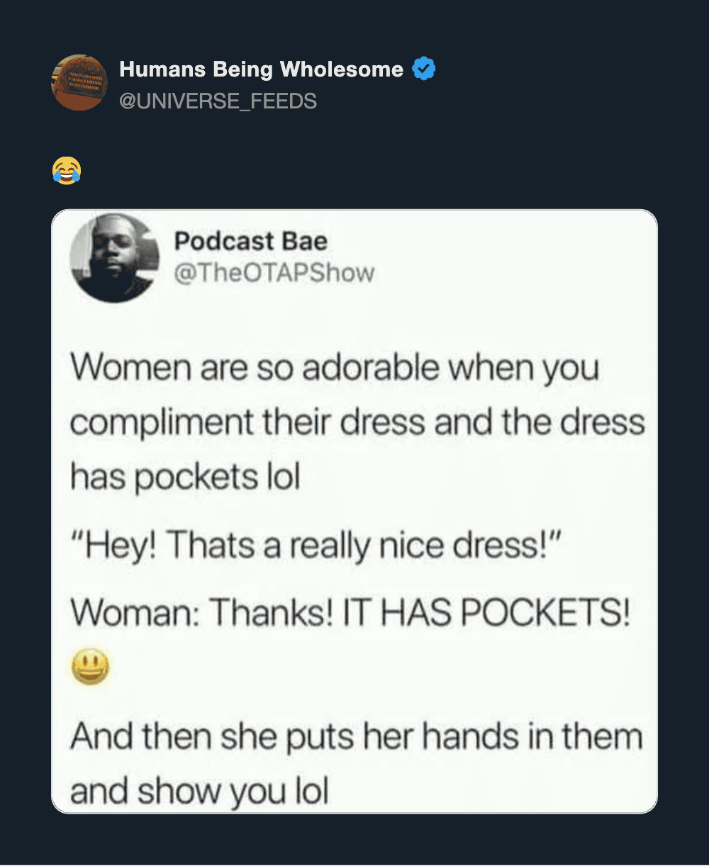 Humans Being Wholesome tweet about women complimenting dresses with pockets.