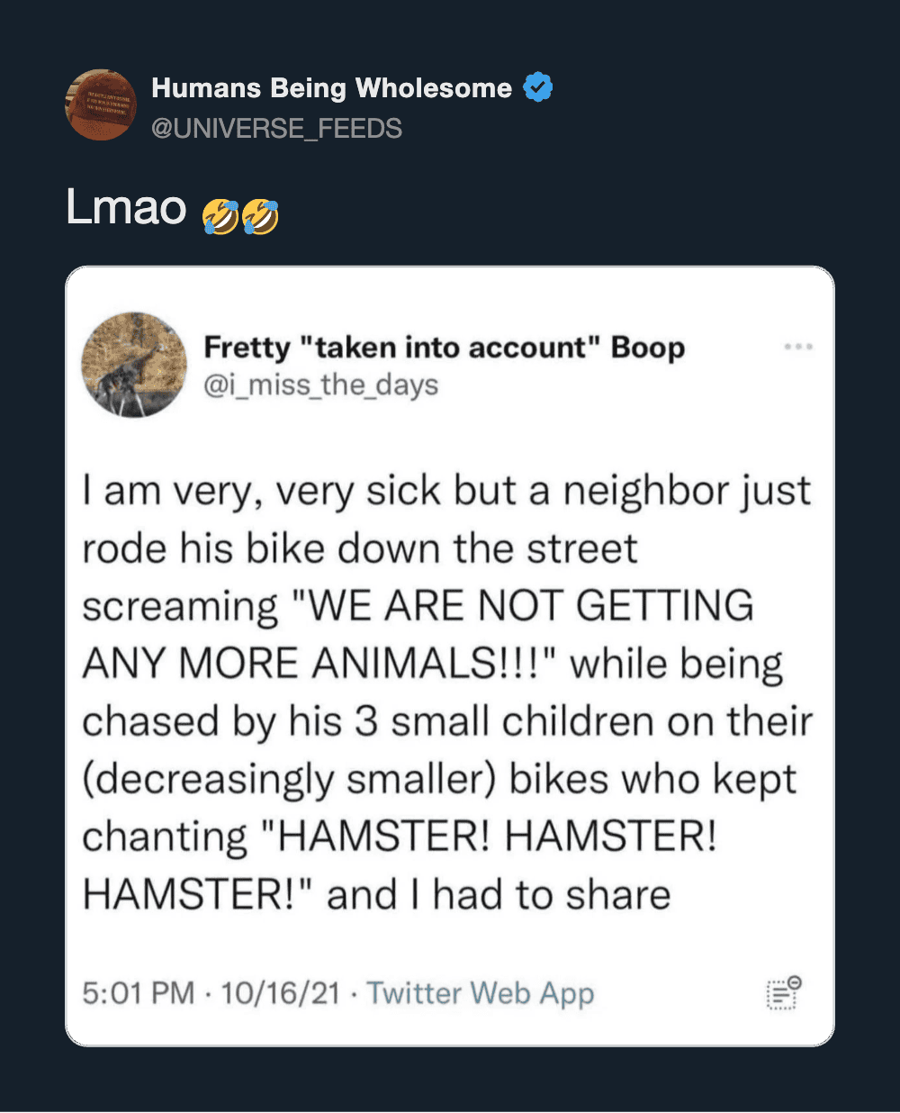 Humans Being Wholesome tweet about a neighbor chasing children on bikes.