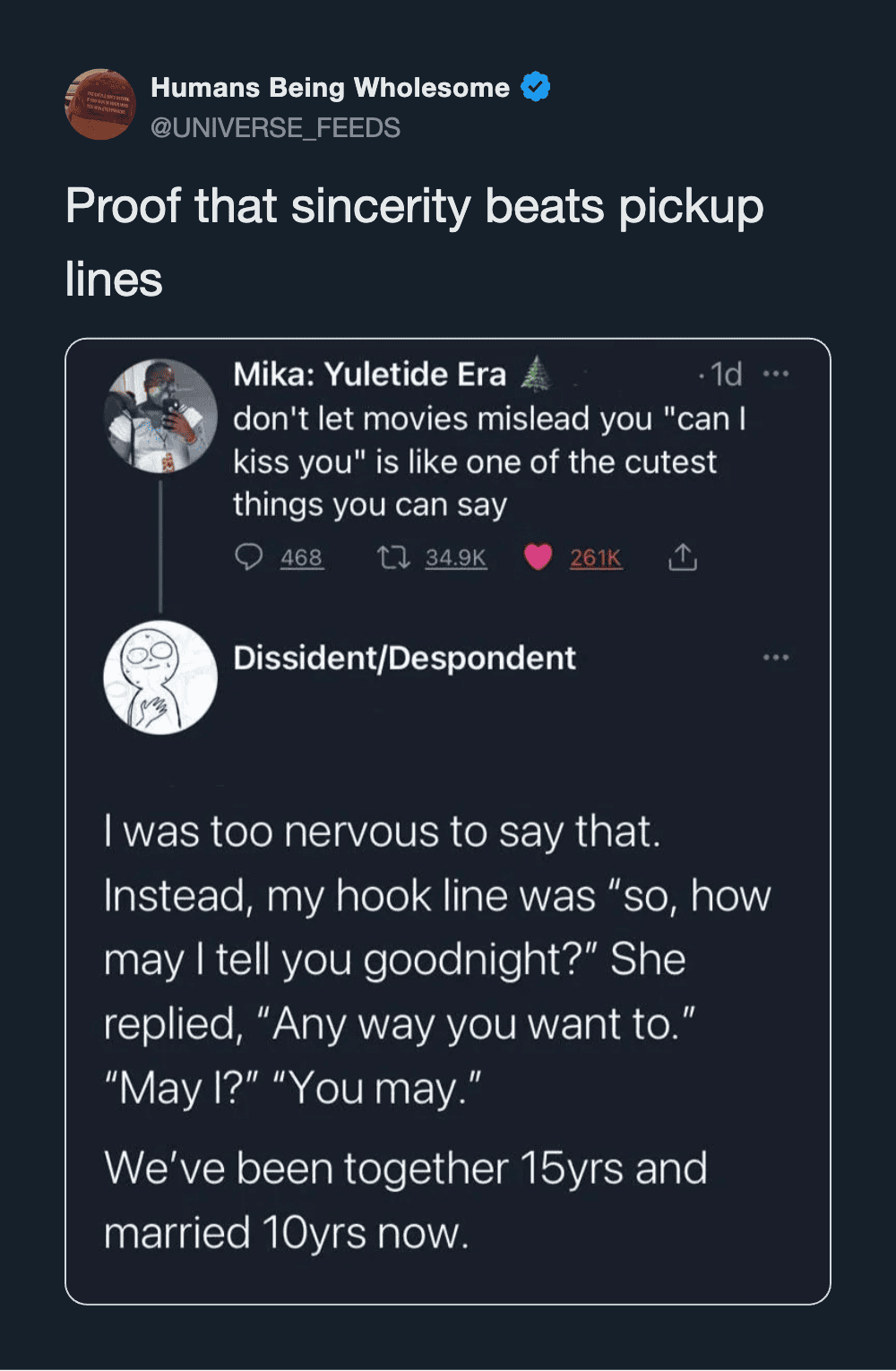 Humans Being Wholesome tweet about sincerity beating pickup lines.