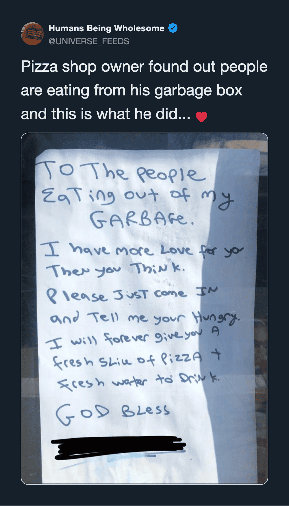 Note on garbage box asking people to eat from it and to tell him their money.