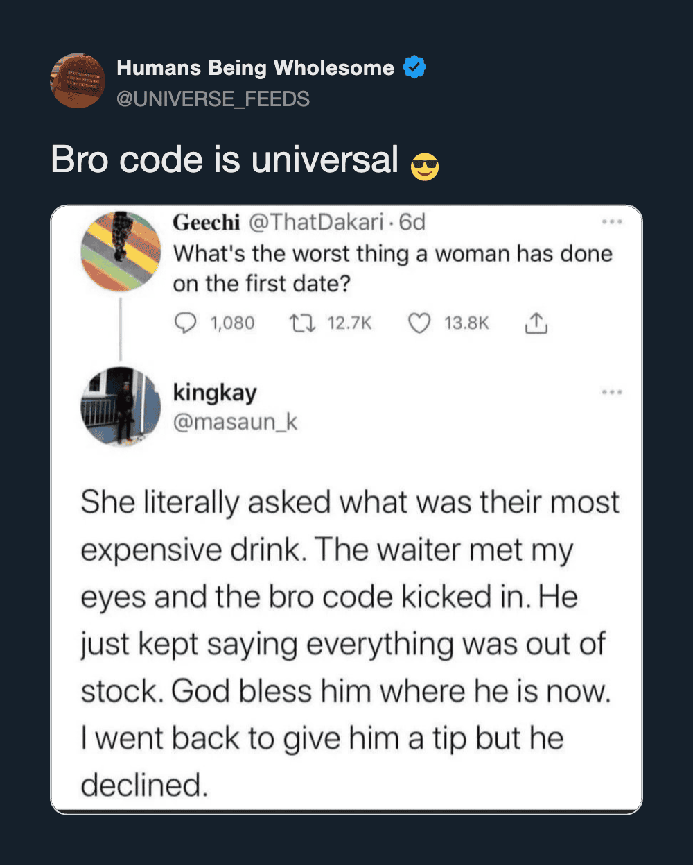 Humans Being Wholesome tweet about bro code being universal with a funny story.