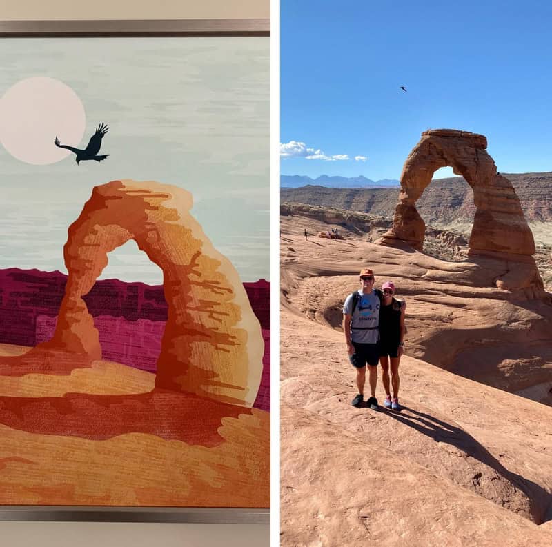 Comparison of a painting and real landscape with arch formation and people.