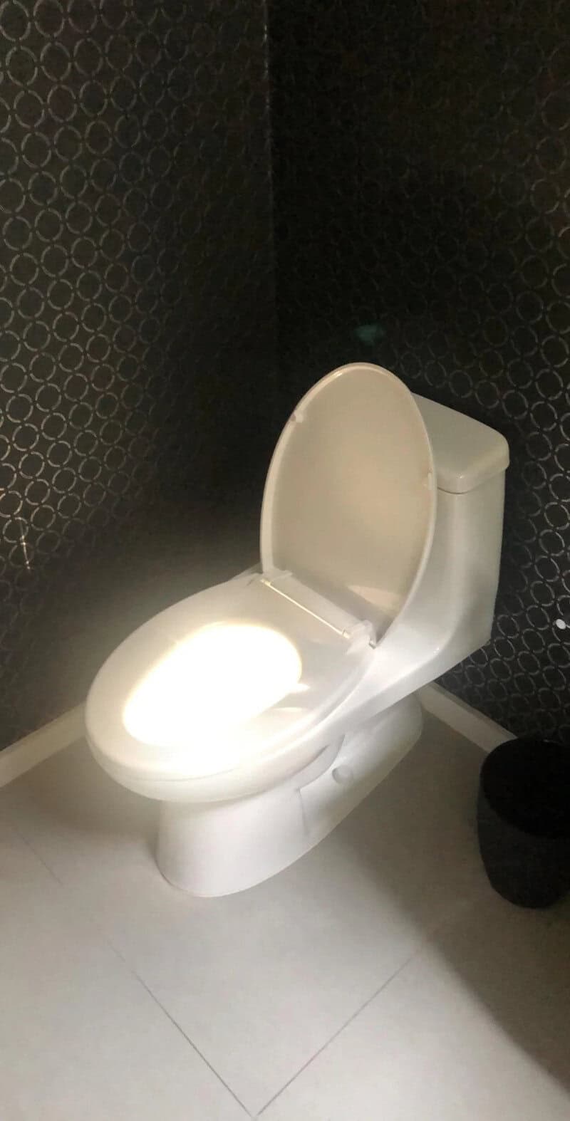 Toilet with light reflection creating a circular pattern on the seat.
