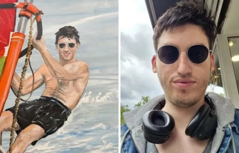 Two photos of a young man with dark hair and sunglasses, one on a swing and one close-up.