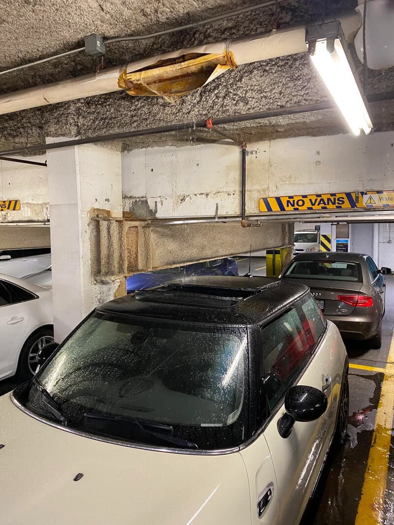 A crab on the ceiling of a parking garage above parked cars.