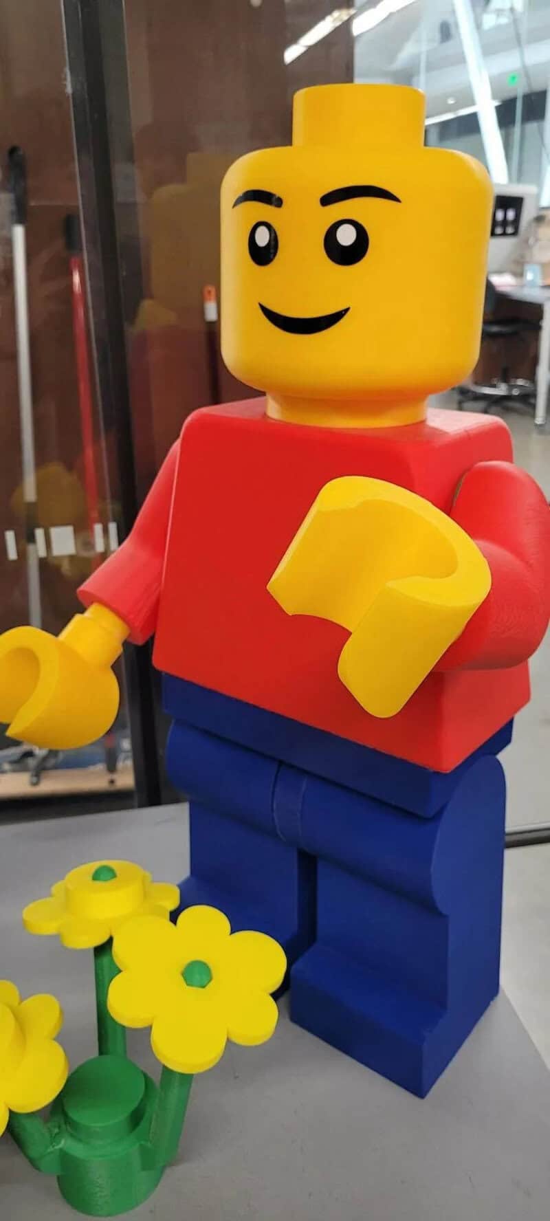 Lego figure with red shirt, blue pants, and yellow head and hands, standing next to yellow flowers.