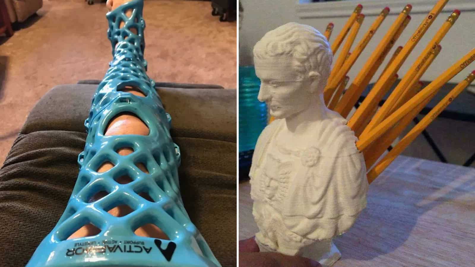 3D printed arm cast and a bust with pencils in a holder, made with 3D printing.