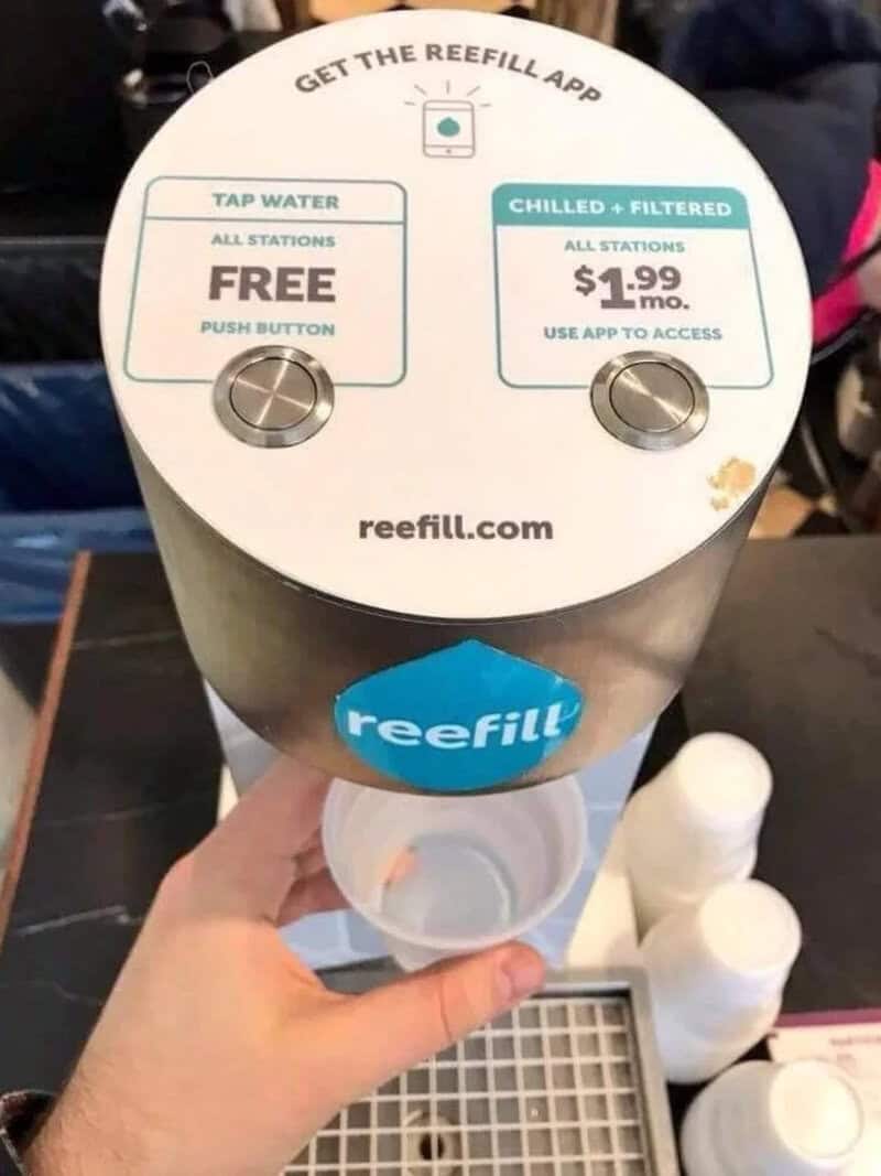 Reefill station offering free tap water or $1.99 for chilled filtered water.